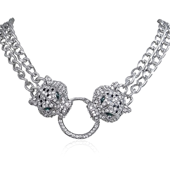 Silver Leopard Cheetah  Double Headed Exaggerated Statement Rhinestone Choker - Picture 6 of 8